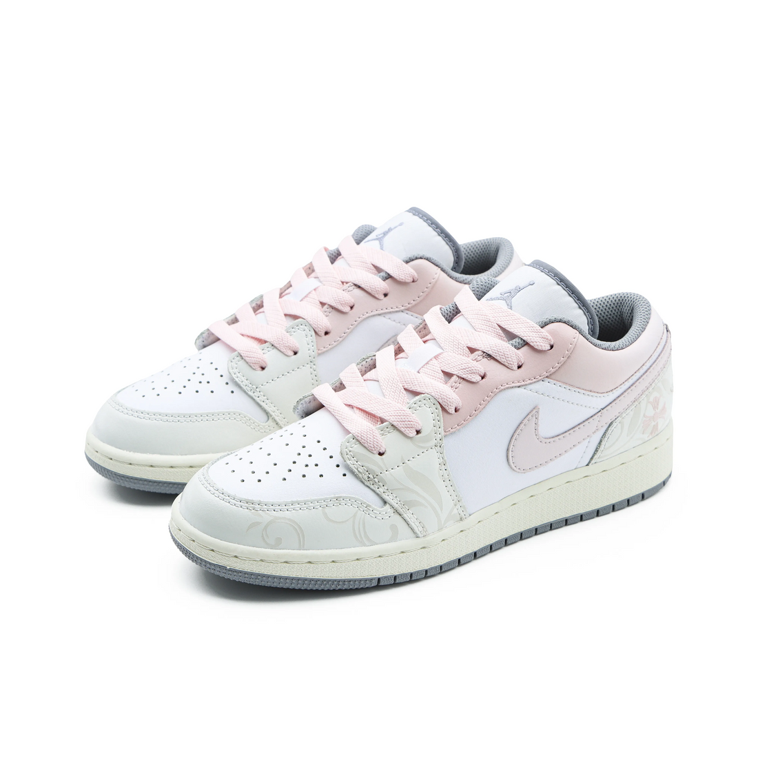 Custom Air Jordan 1 Beige With Leaf Pattern Pink Swoosh Low