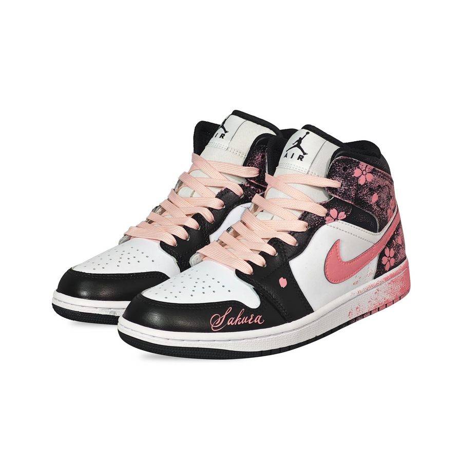 Custom Air Jordan 1 Black White Pink Cherry Blossoms