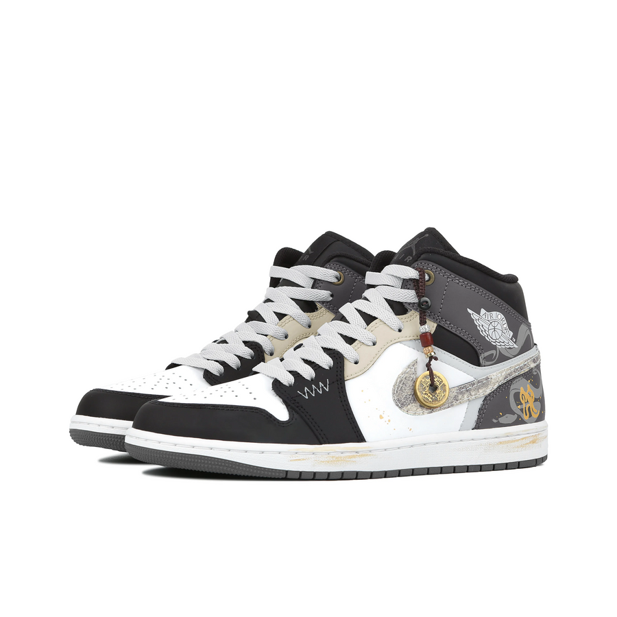 Custom Air Jordan 1 Black White Grey Snake Graffiti