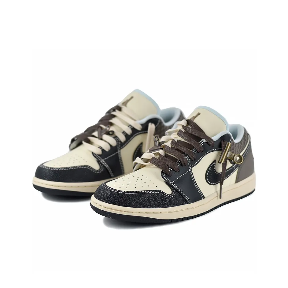 Custom Air Jordan 1 Black Leather Texture Beige Grey Checkered