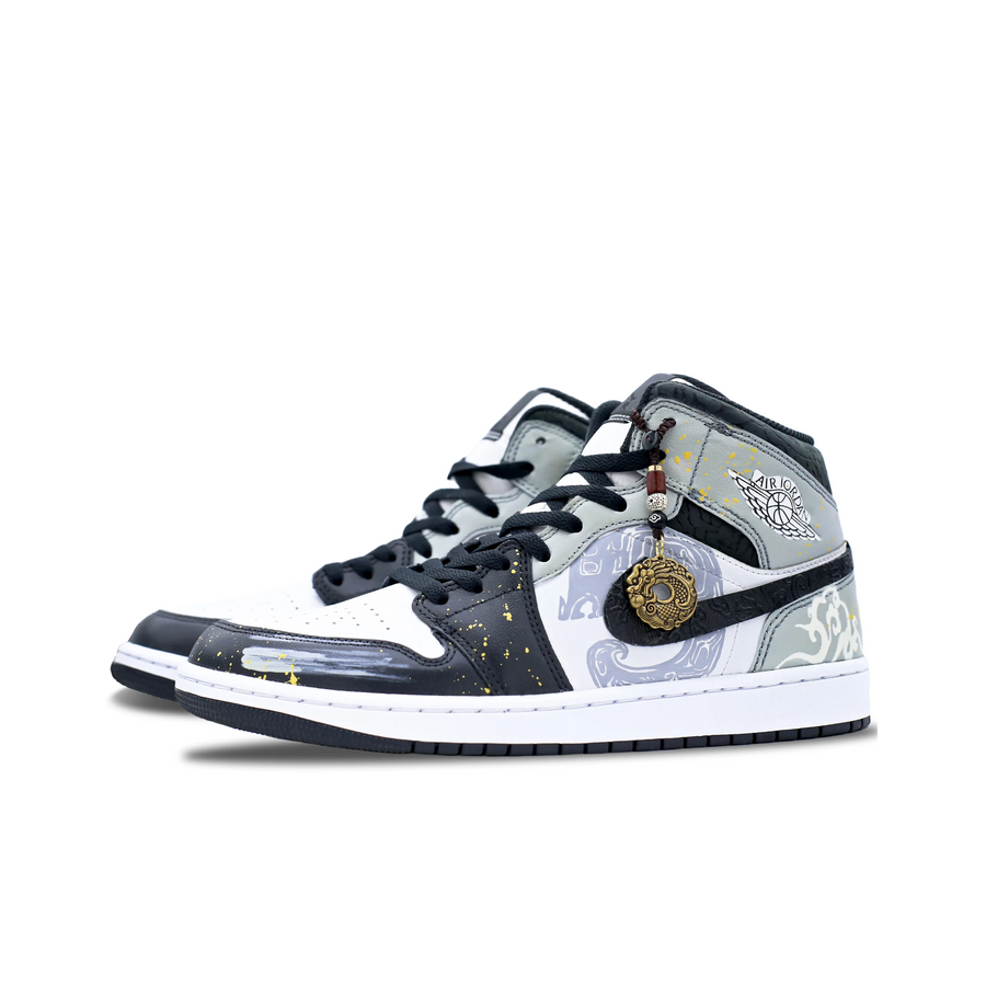 Custom Air Jordan 1 Black Grey White Graffiti Gold Ink Splash