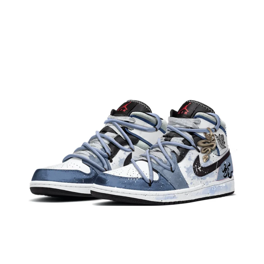 Custom Air Jordan 1 Grey-blue Black White Snake High