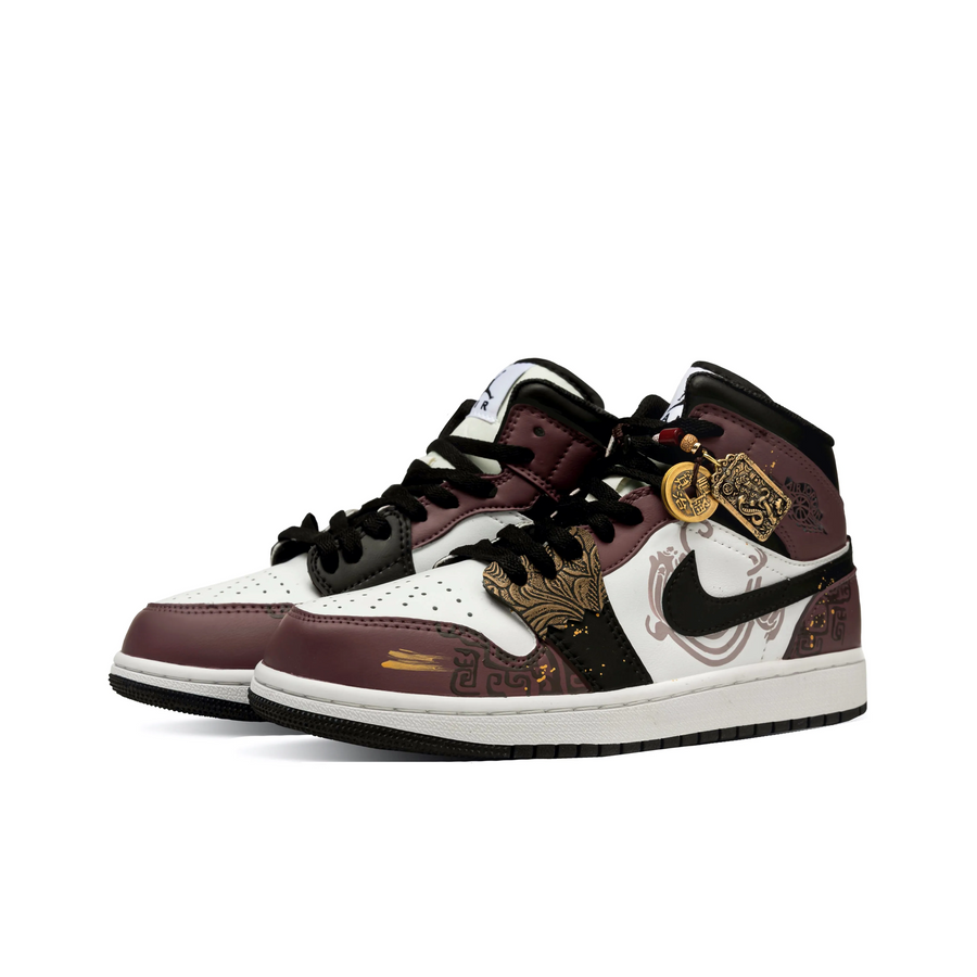 Custom Air Jordan 1 Dark Red Black Gold Dark Pattern