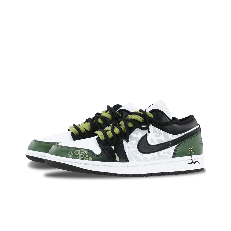 Custom Air Jordan 1 Green Black Grey Floral Print