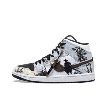 Custom Air Jordan 1 Grey-blue Beige Black Ink Painting Of Bamboo And Knight