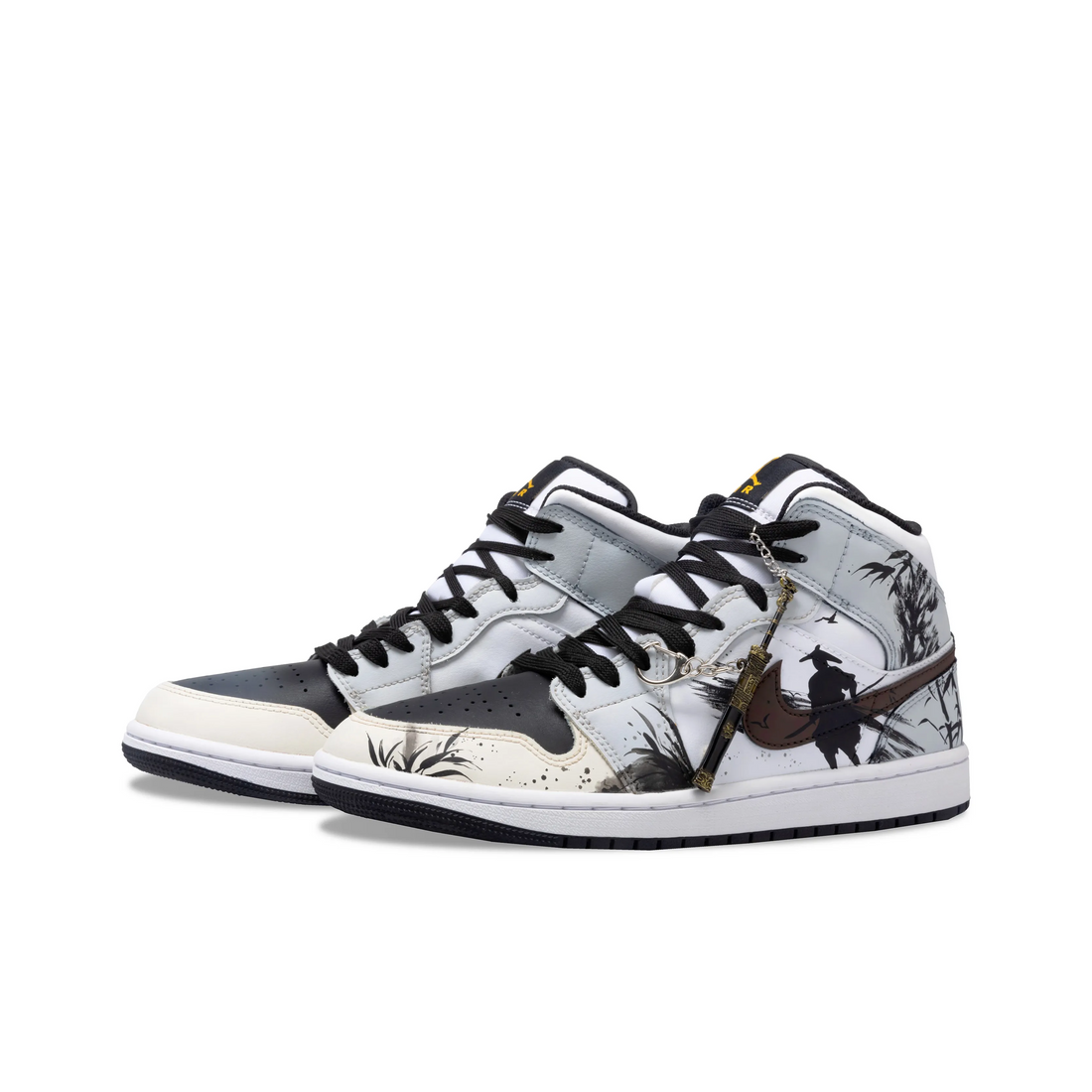 Custom Air Jordan 1 Grey-blue Beige Black Ink Painting Of Bamboo And Knight