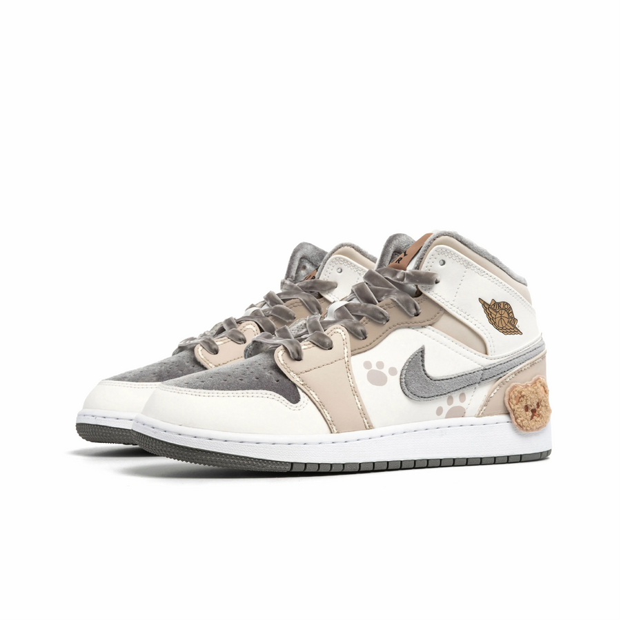 Custom Air Jordan 1 White Khaki Grey Paw Print