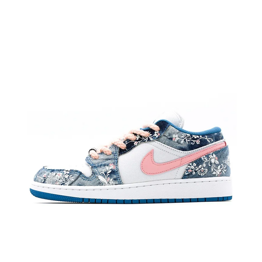 Custom Air Jordan 1 Blue Denim Fabric Pink Floral Print Low