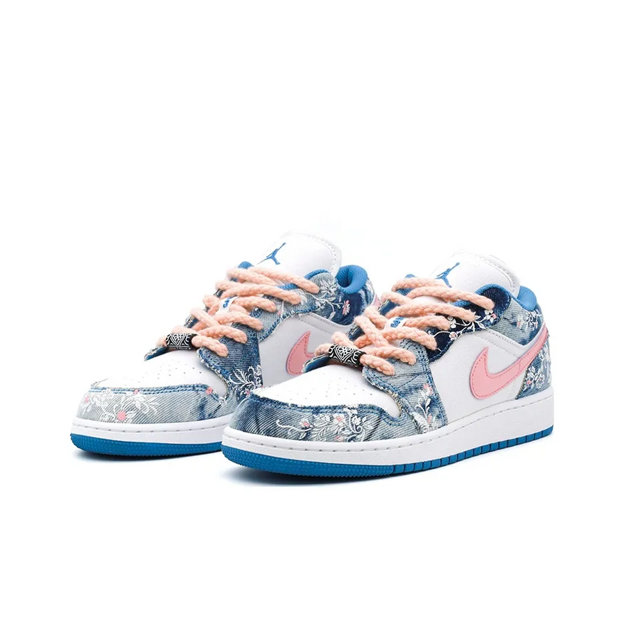 Custom Air Jordan 1 Blue Denim Fabric Pink Floral Print Low