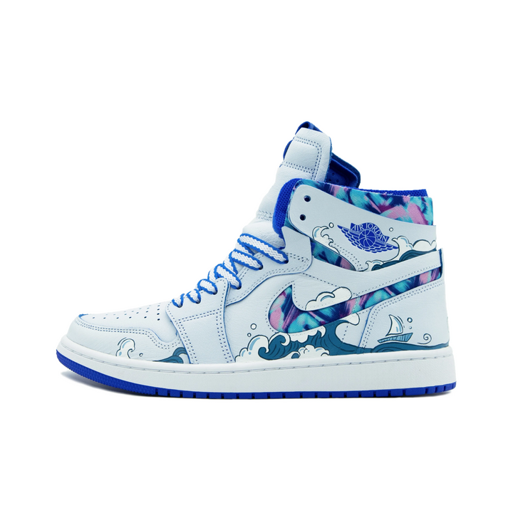 Custom Air Jordan 1 Blue White Ocean Waves Colorful Swoosh