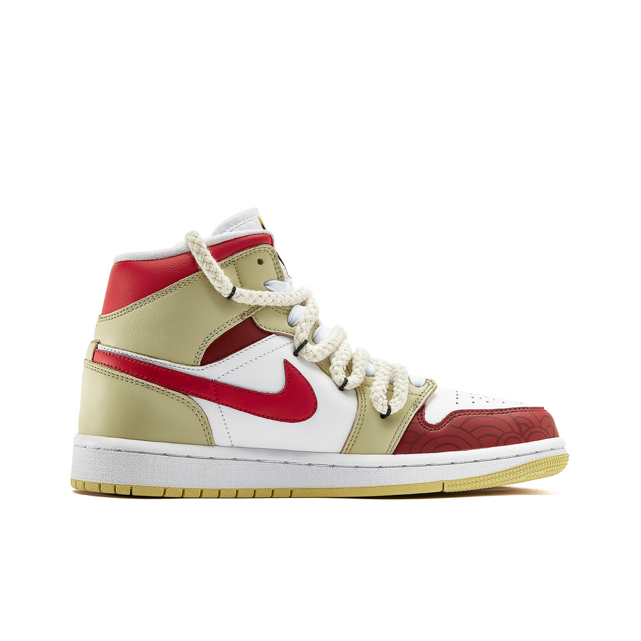 Custom Air Jordan 1 Beige Red Fish Scale Pattern