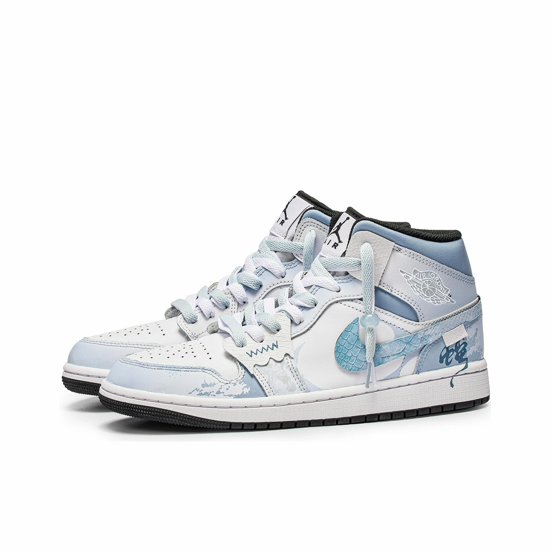 Custom Air Jordan 1 White Blue Snake Scales Swoosh