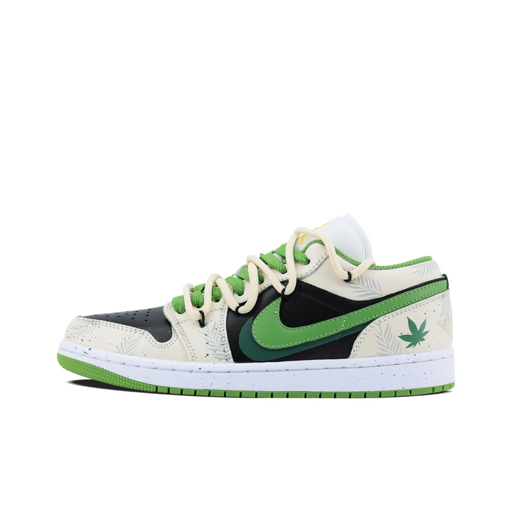 Custom Air Jordan 1 Beige Black Green Leaves Pattern