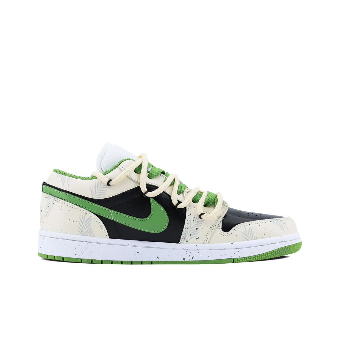 Custom Air Jordan 1 Beige Black Green Leaves Pattern