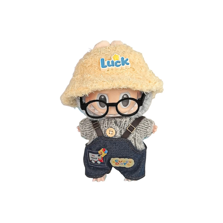 Pop Mart Blind Box Custom Beige Plush Hat Gray Sweater Dark Blue Overalls