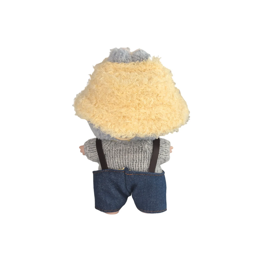 Pop Mart Blind Box Custom Beige Plush Hat Gray Sweater Dark Blue Overalls