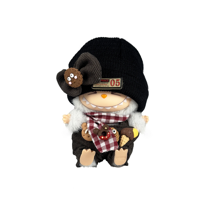 Pop Mart Blind Box Custom Black Hat Red Plaid Scarf Black Overalls