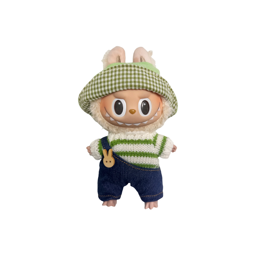 Pop Mart Blind Box Custom Green Plaid Hood White Green Striped Clothes Blue Overalls