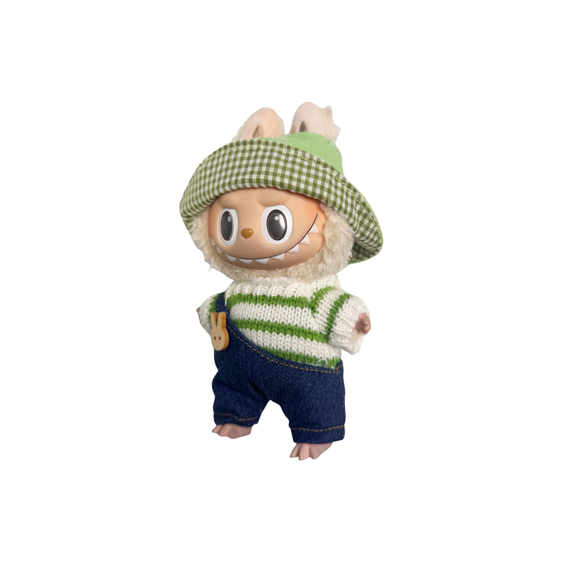 Pop Mart Blind Box Custom Green Plaid Hood White Green Striped Clothes Blue Overalls