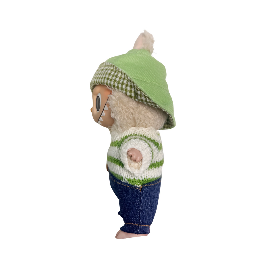 Pop Mart Blind Box Custom Green Plaid Hood White Green Striped Clothes Blue Overalls