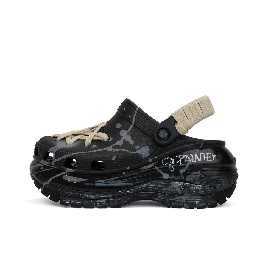 Custom Crocs Black With Grey Graffiti And Khaki Shoelaces