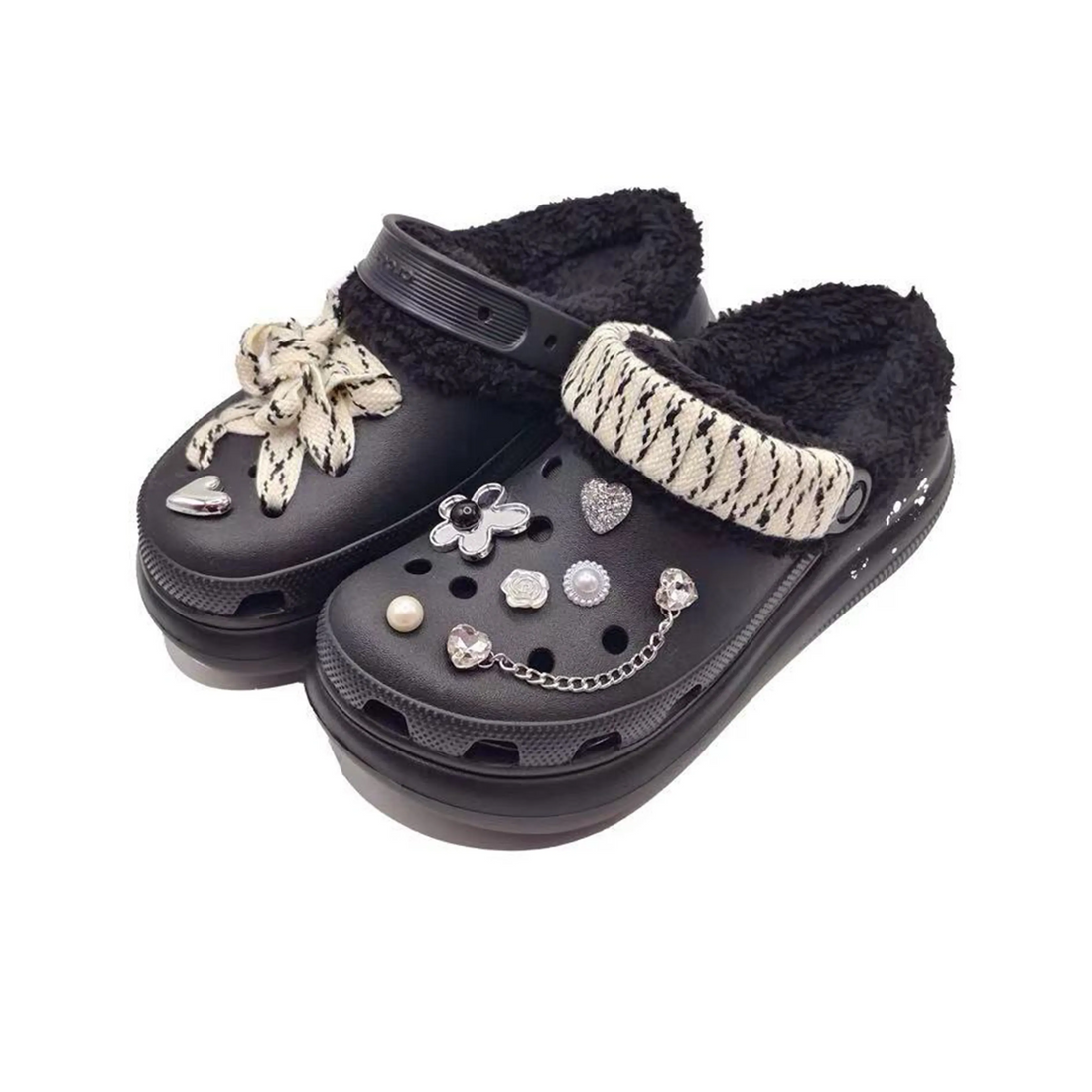 Custom Crocs Black Plush Beige Shoelaces And Diamond Ornaments