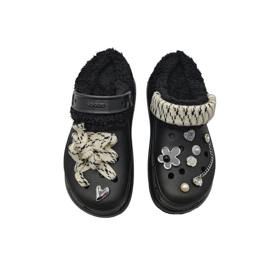 Custom Crocs Black Plush Beige Shoelaces And Diamond Ornaments