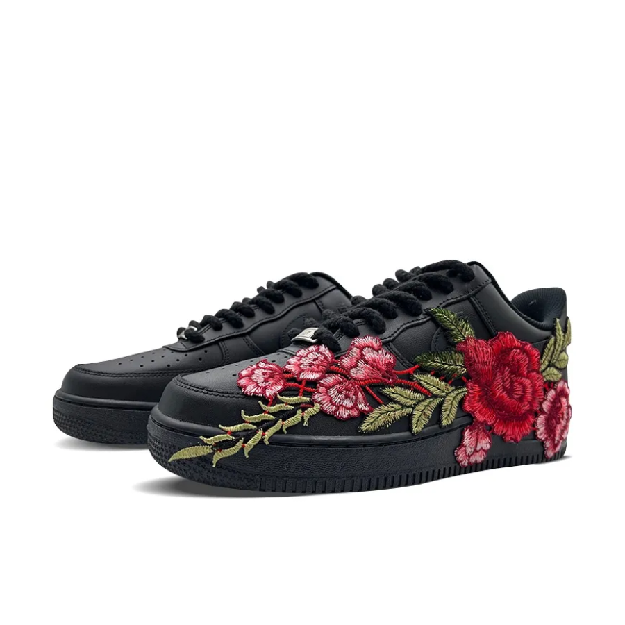 Custom Air Force 1 Low Red Rose Green Leaf Black