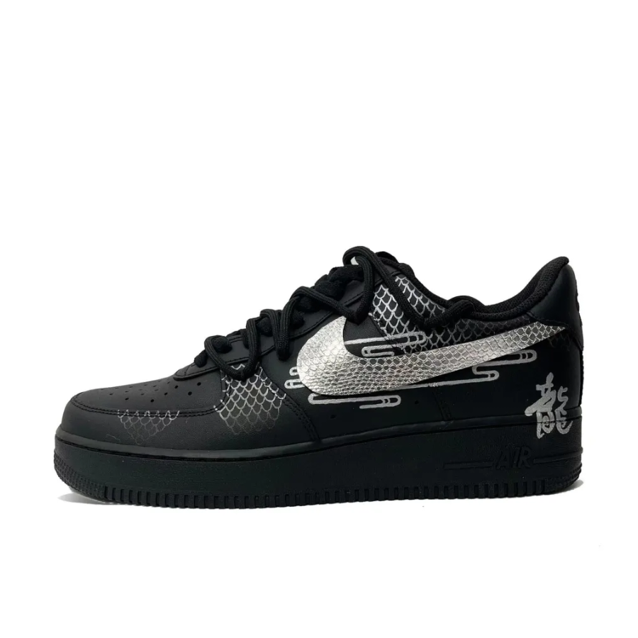 Custom Air Force 1 Low Slivery Scaly Swoosh Dragon Font Black