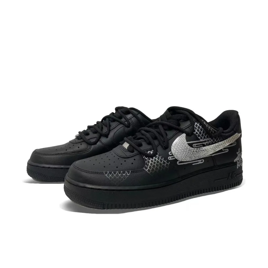 Custom Air Force 1 Low Slivery Scaly Swoosh Dragon Font Black