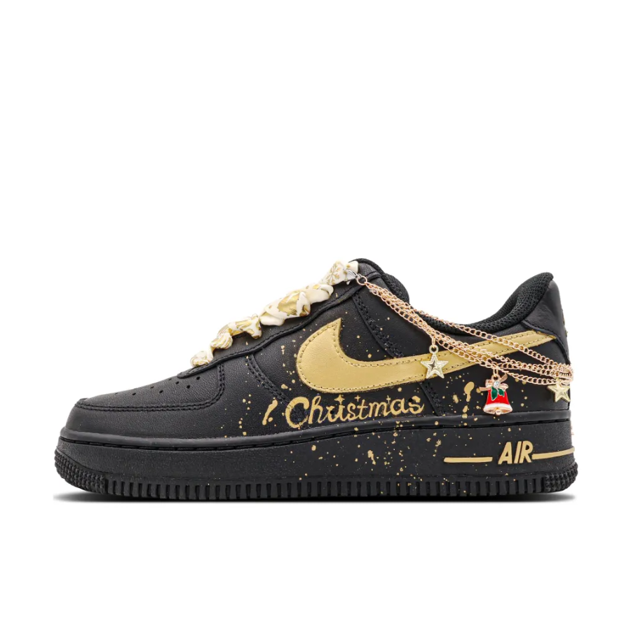 Custom Air Force 1 Low Gold Santa Hat Christmas Tree Metal Chain Black