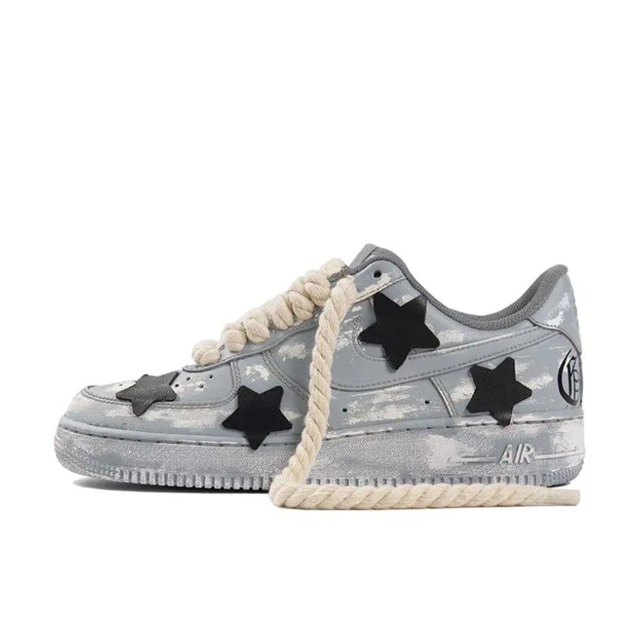 Custom Air Force 1 Low Thick Lace Gray Black Star