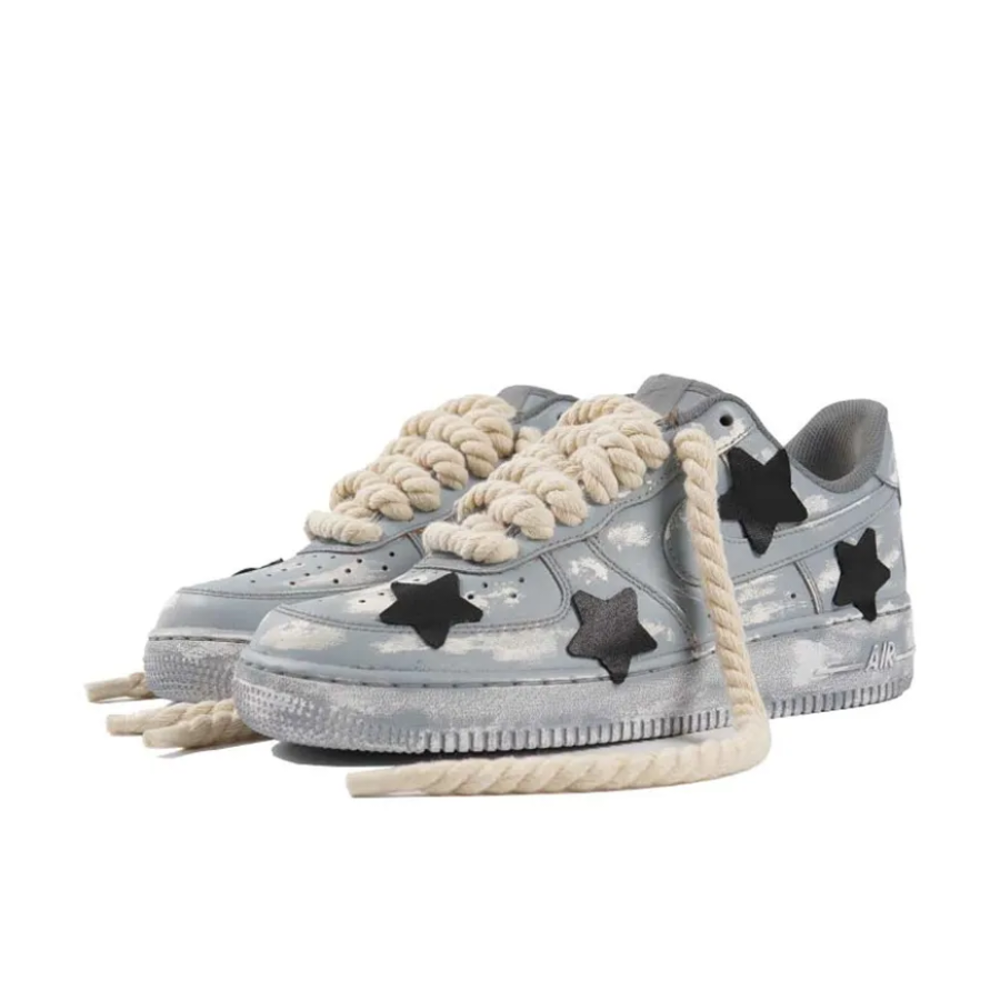 Custom Air Force 1 Low Thick Lace Gray Black Star