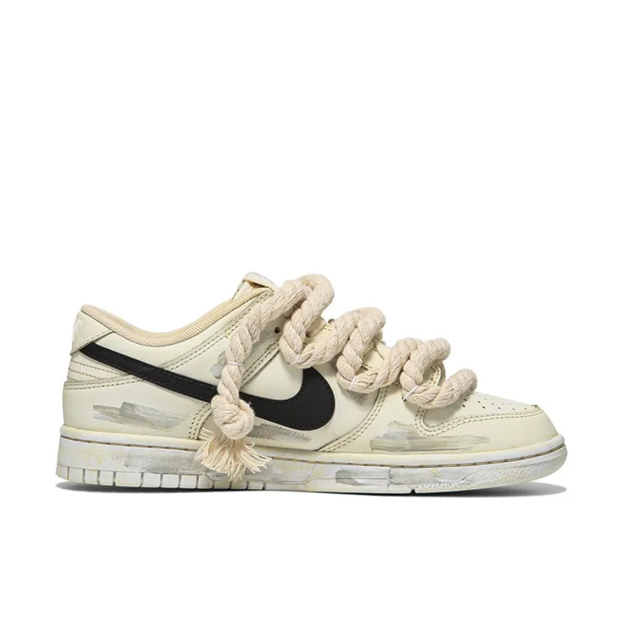 Custom Dunk Extra Thick Lace Black Swoosh Font Beige