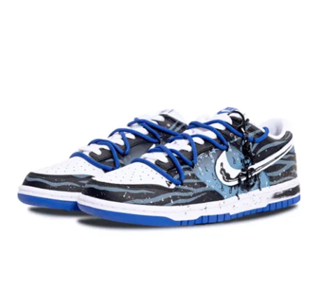 Custom Dunk Extra Lace Black Blue Stripe Black Swoosh