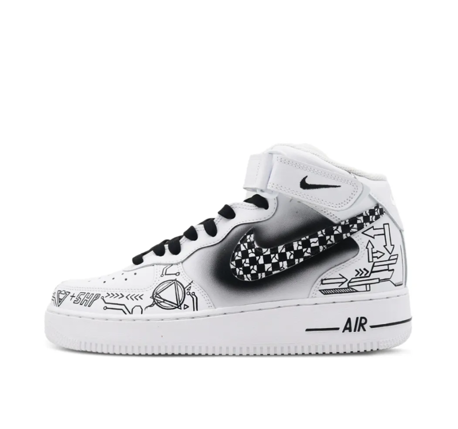 Custom Air Force 1 Mid Black White Grid Swoosh Simple Figure