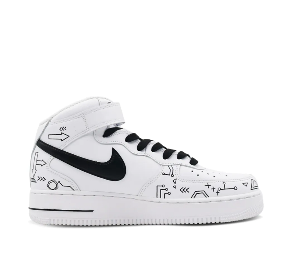 Custom Air Force 1 Mid Black White Grid Swoosh Simple Figure