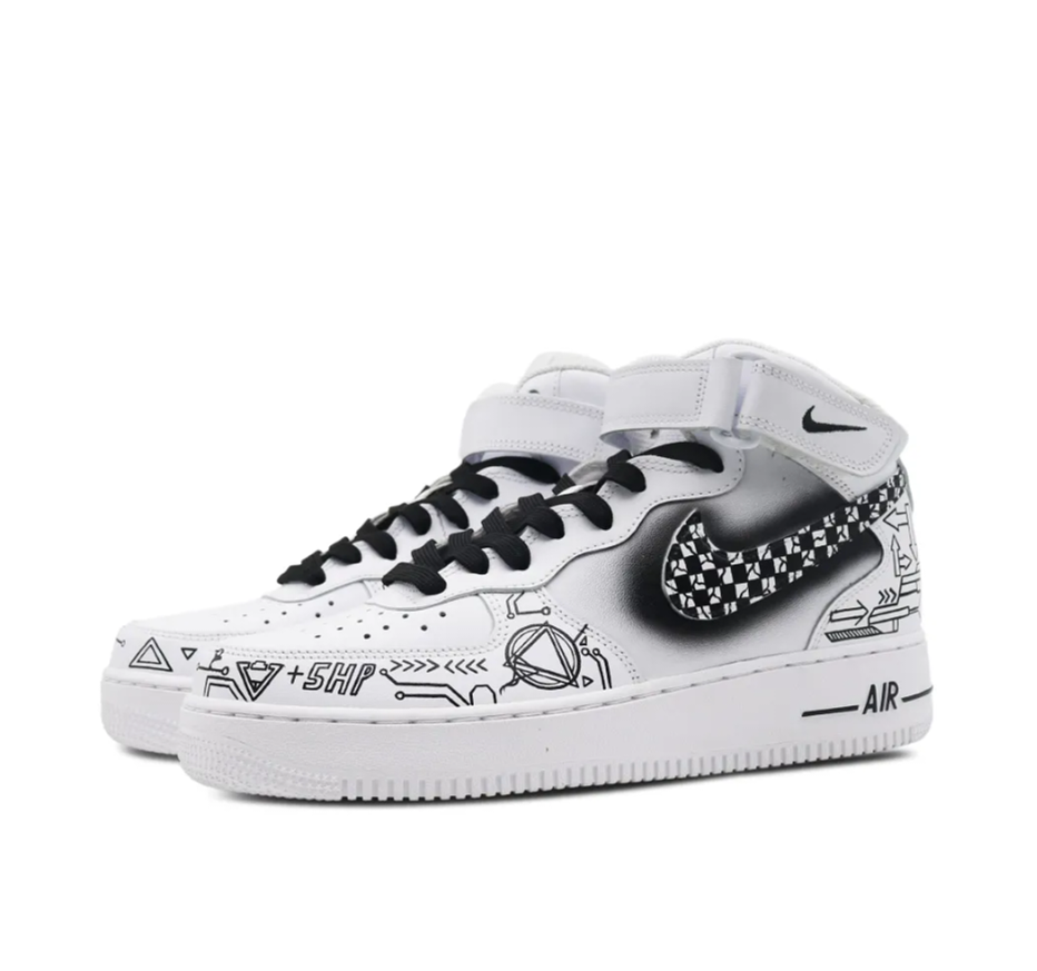 Custom Air Force 1 Mid Black White Grid Swoosh Simple Figure