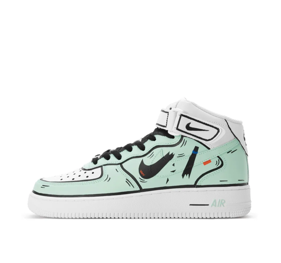 Custom Air Force 1 Mid Mint Green Broken Swoosh Black