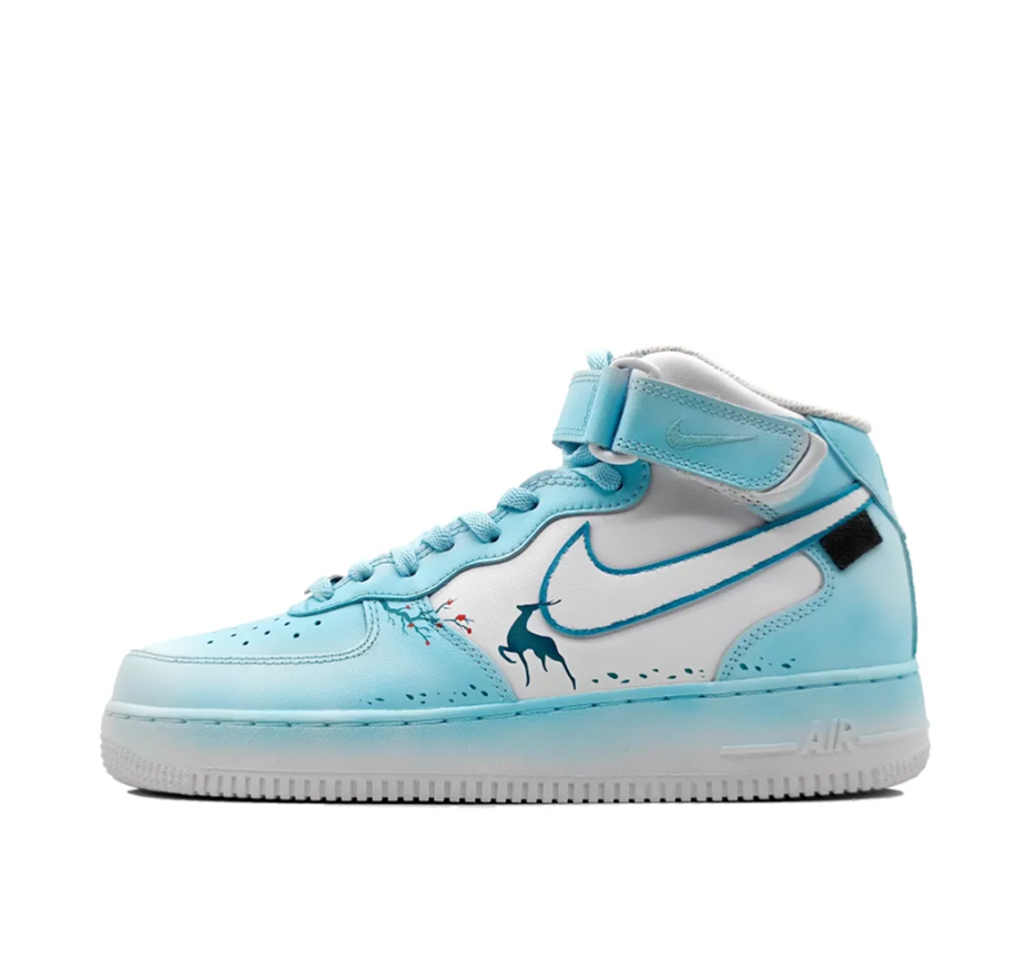 Custom Air Force 1 Mid Light Blue Deer Folwer White