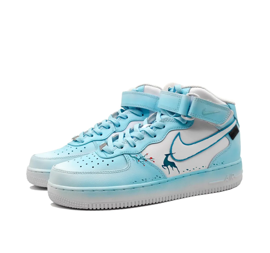 Custom Air Force 1 Mid Light Blue Deer Folwer White