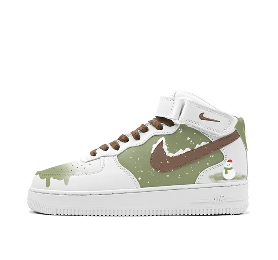 Custom Air Force 1 Mid Grass Green Brown Snow Snowman White