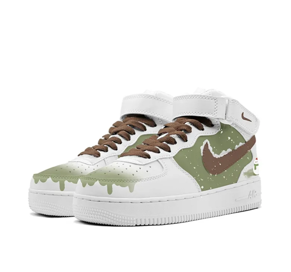 Custom Air Force 1 Mid Grass Green Brown Snow Snowman White