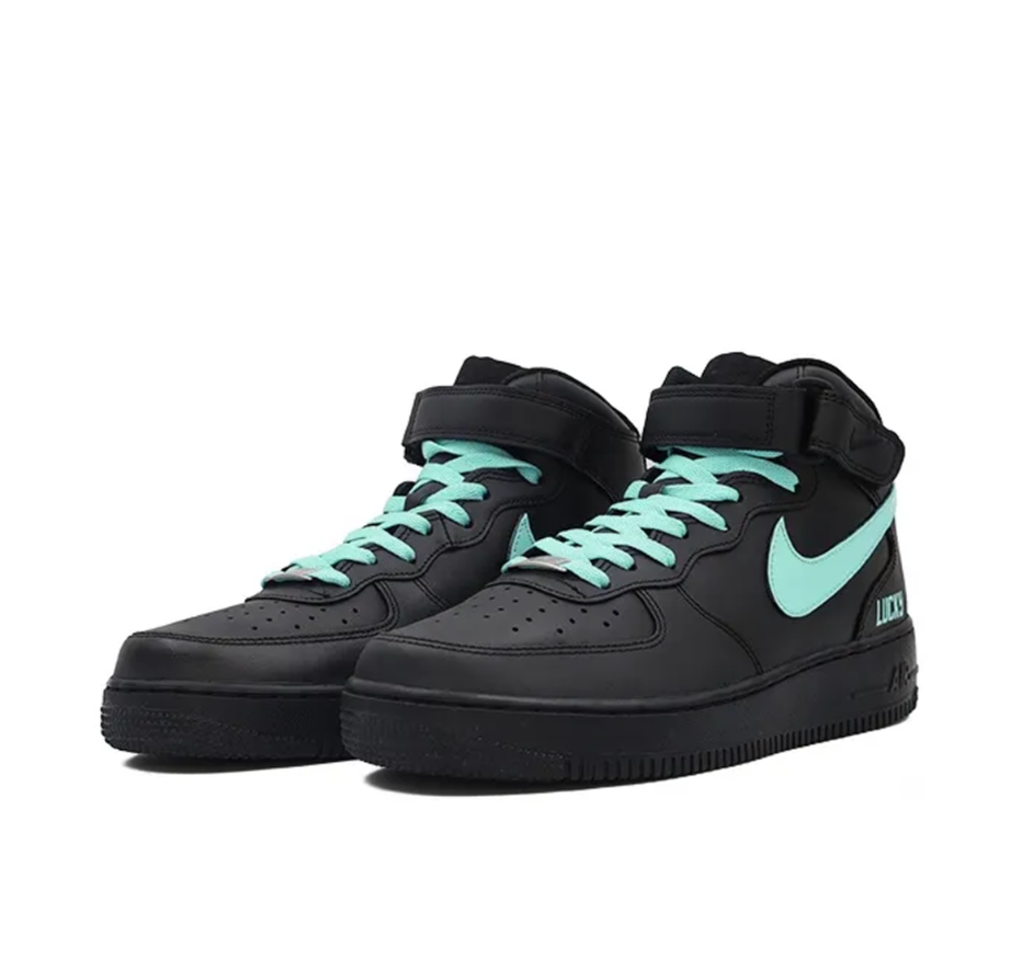 Custom Air Force 1 Mid Black Blue Swoosh Font Lucky