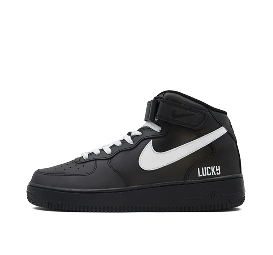 Custom Air Force 1 Mid Black White Swoosh Font Lucky