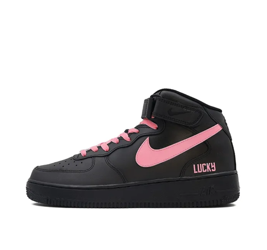 Custom Air Force 1 Mid Black Pink Swoosh Font Lucky