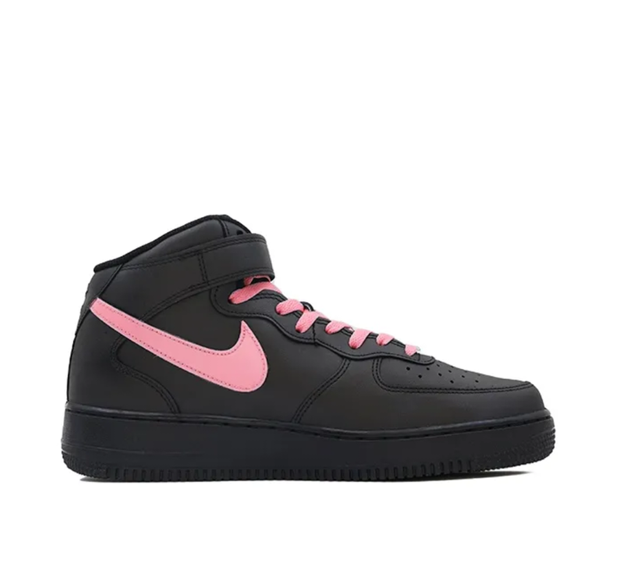 Custom Air Force 1 Mid Black Pink Swoosh Font Lucky