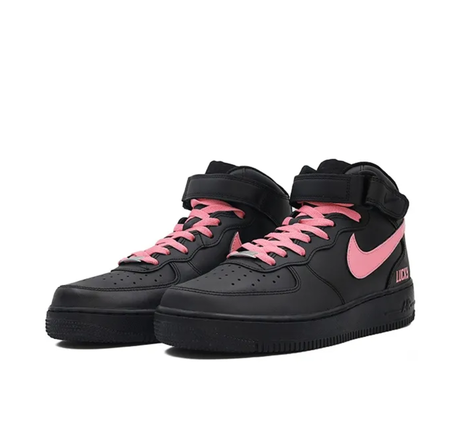 Custom Air Force 1 Mid Black Pink Swoosh Font Lucky