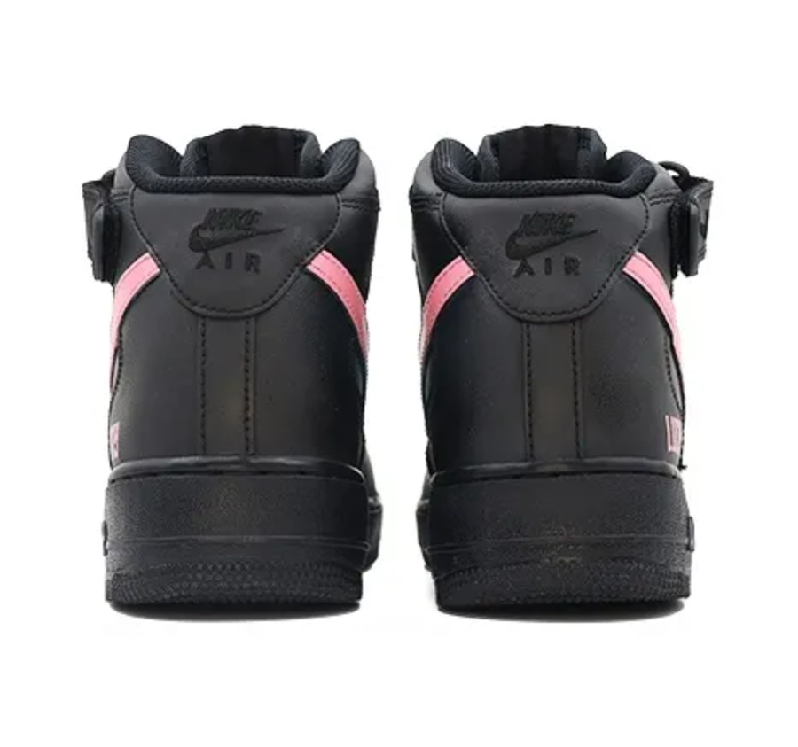 Custom Air Force 1 Mid Black Pink Swoosh Font Lucky