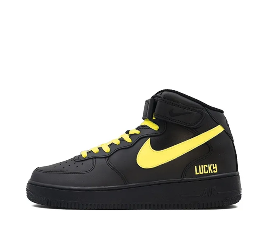 Custom Air Force 1 Mid Black Yellow Swoosh Font Lucky